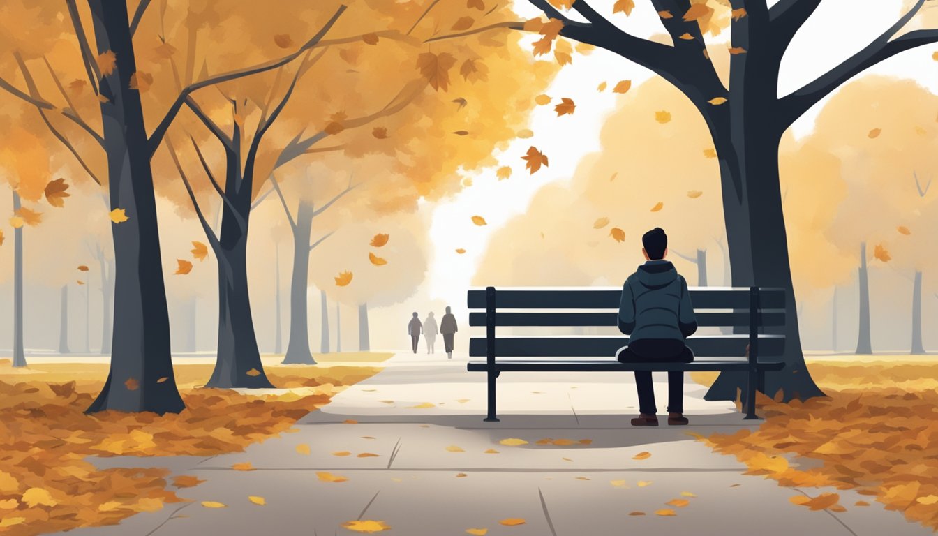 A person sitting alone on a park bench, surrounded by fallen leaves and a distant figure walking away