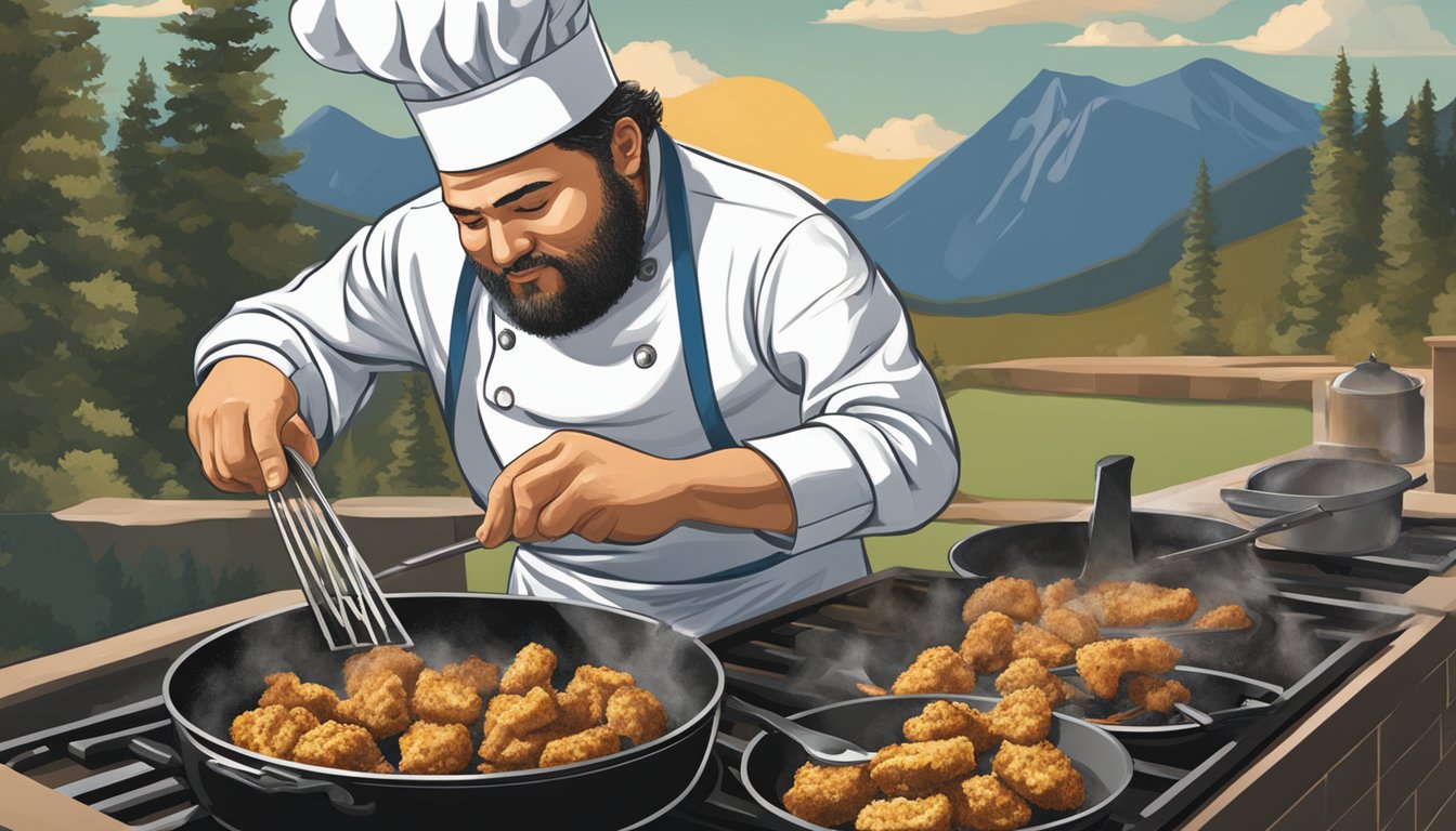 A chef frying Rocky Mountain oysters in a sizzling skillet