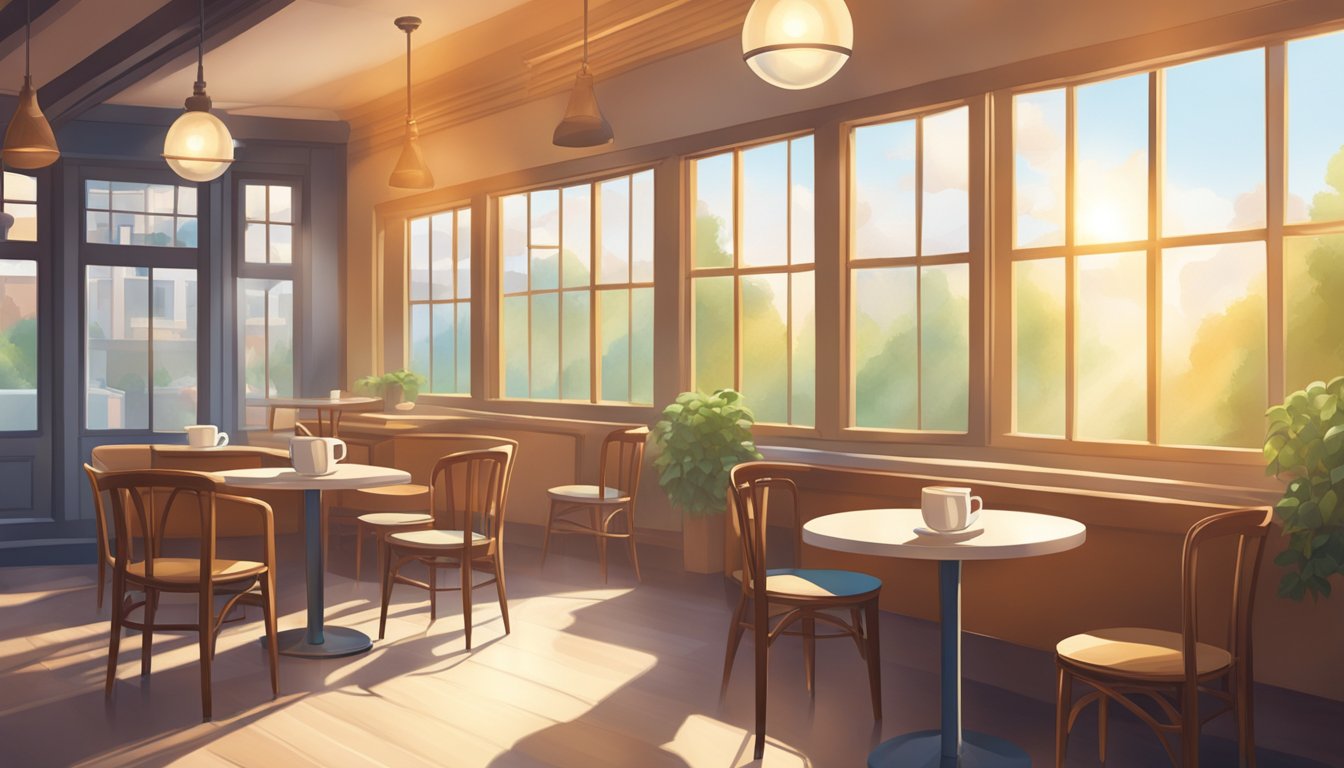 A cozy cafe with two empty chairs facing each other, a steaming cup of coffee on the table, and soft sunlight streaming through the window