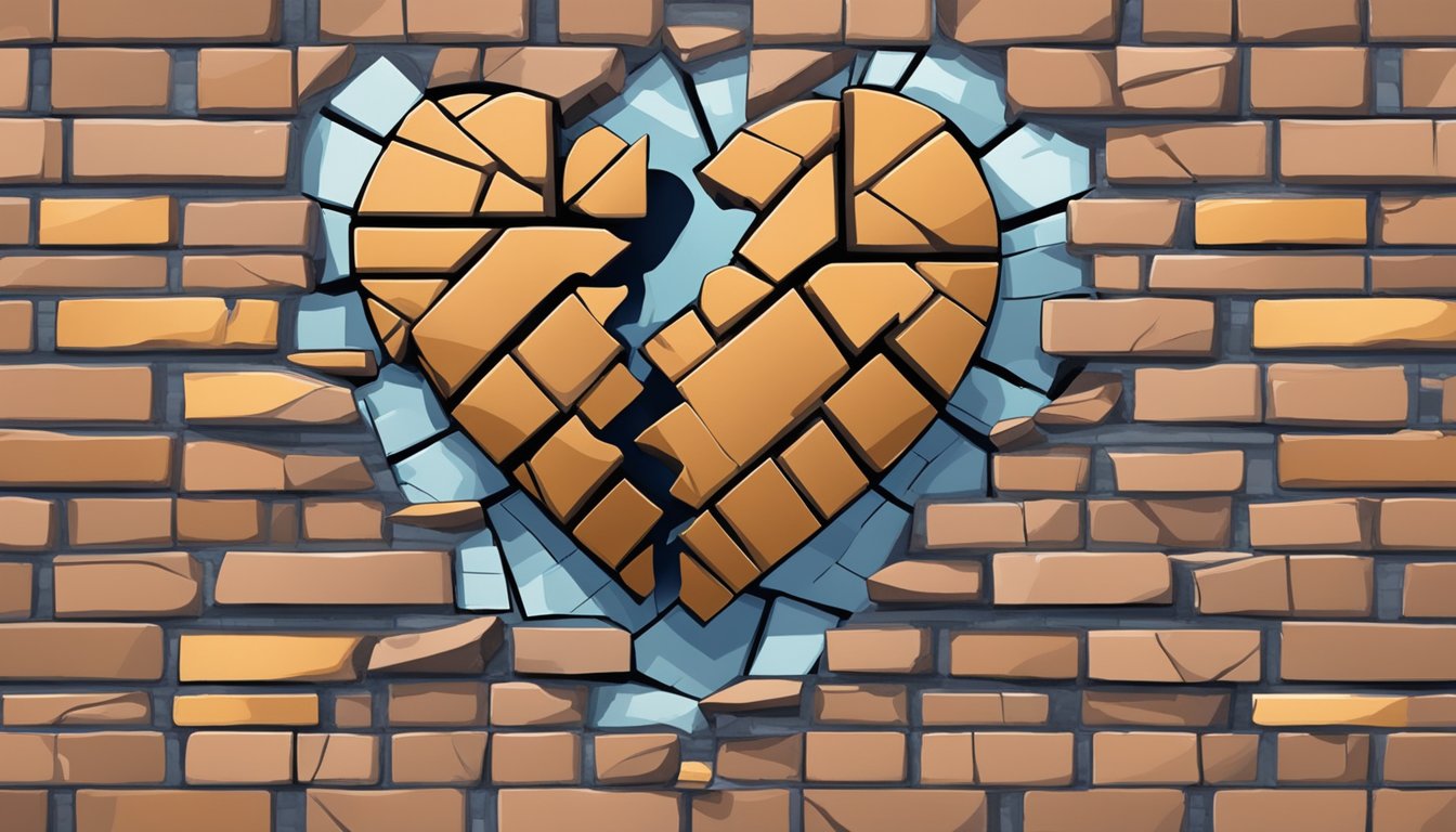 A broken heart being mended with bricks and mortar, symbolizing the process of rebuilding a relationship