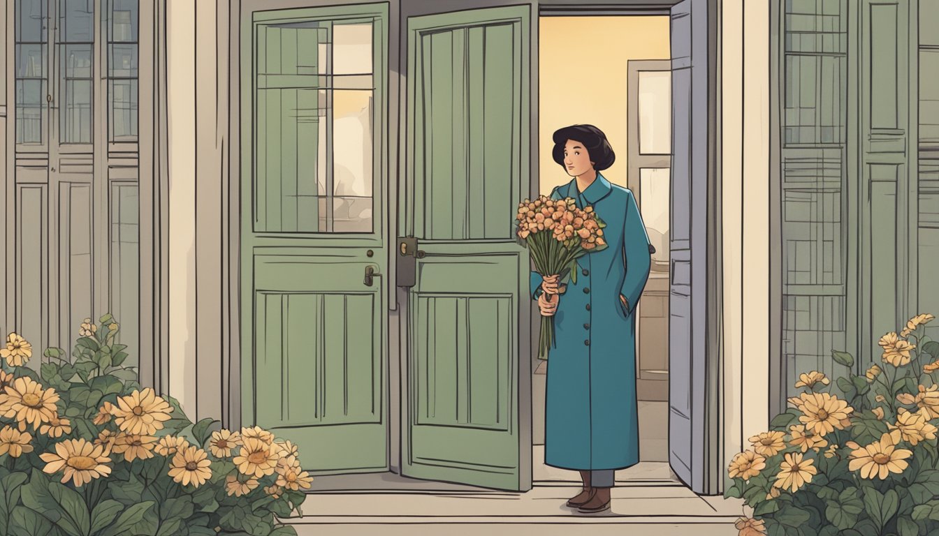 A person standing outside a closed door, holding a bouquet of flowers and looking hopeful