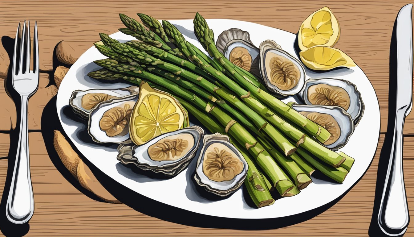 A table set with asparagus, oysters, figs, and other foods associated with aphrodisiac qualities