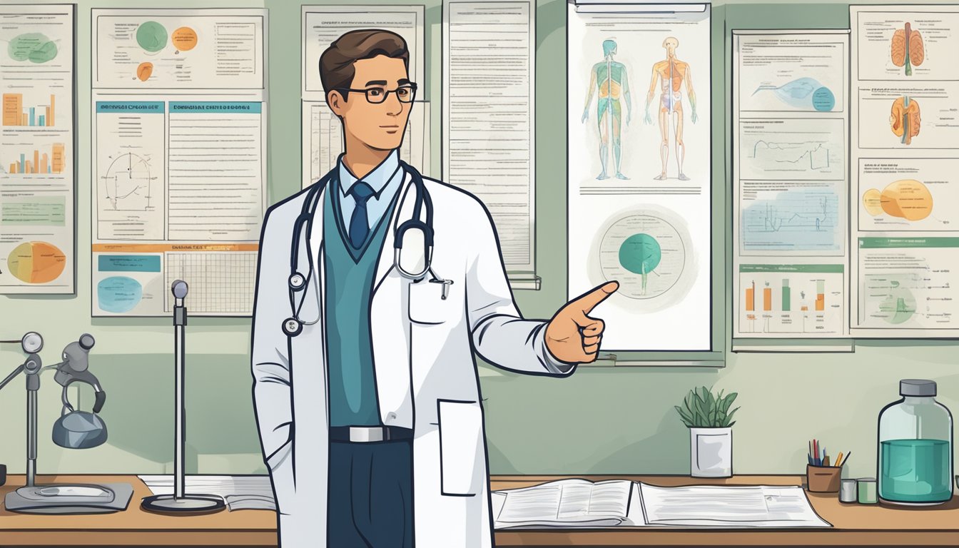 A doctor in a lab coat stands next to a medical chart, pointing to a diagram of the human body while explaining critical illness insurance