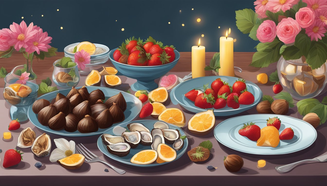 A table set with various foods, including chocolate, oysters, figs, and strawberries, surrounded by candles and flowers