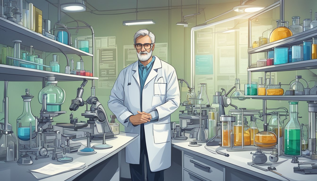 A scientist in a lab, surrounded by medical equipment and charts, makes a breakthrough discovery