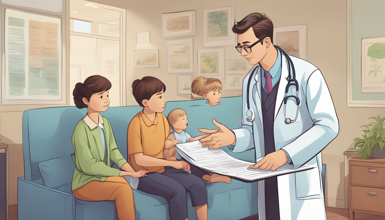 A doctor pointing to a chart of medical conditions, while a concerned family looks on