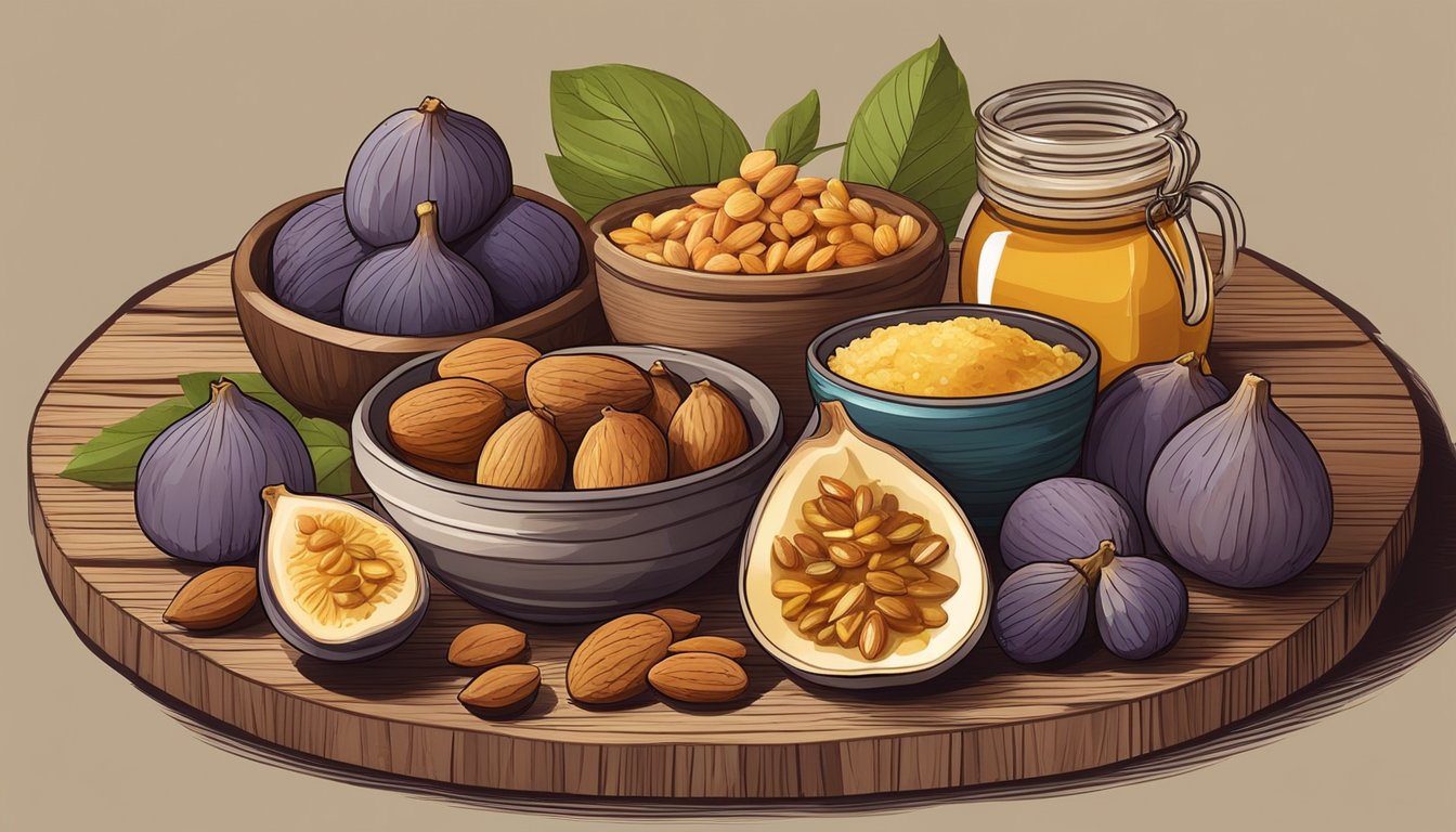 A pile of almonds surrounded by other foods like figs and honey, arranged on a rustic wooden table