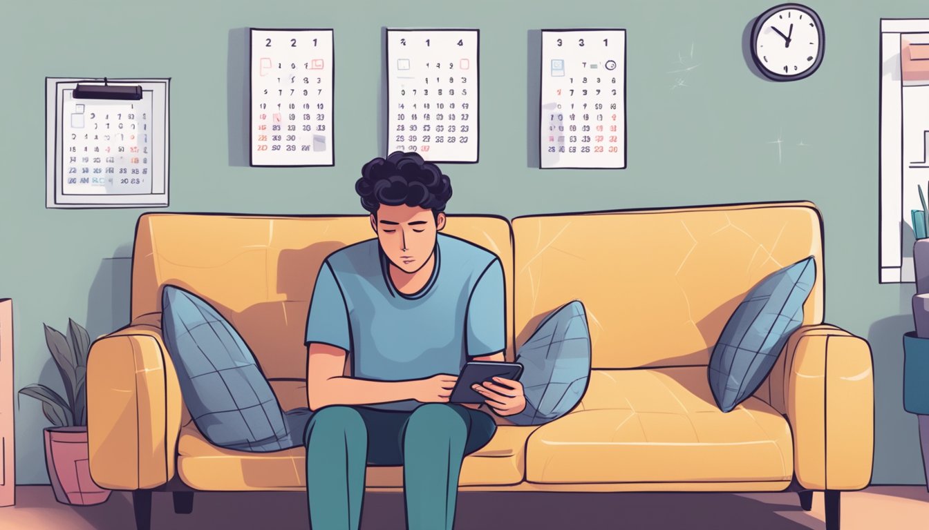 A person sitting on a couch, scrolling through TikTok on their phone with a sad expression, while a calendar on the wall indicates the passage of time