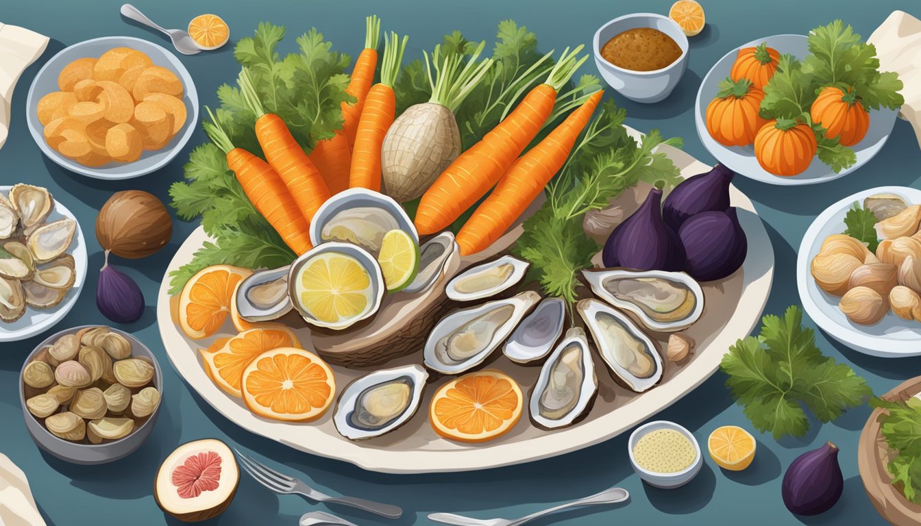 A table set with a variety of foods, including carrots, oysters, and figs, arranged in an enticing display