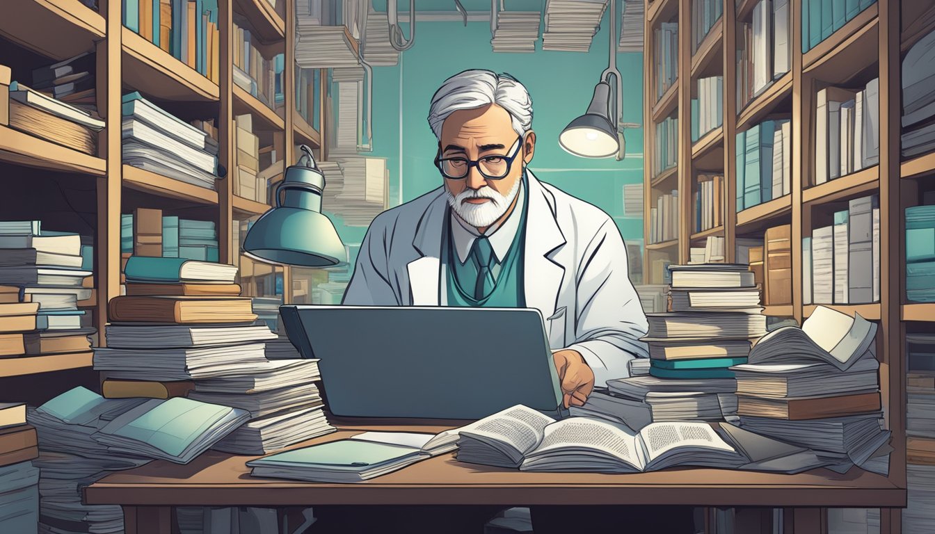 A scientist surrounded by books, papers, and a computer, deep in thought while researching and inventing critical illness insurance