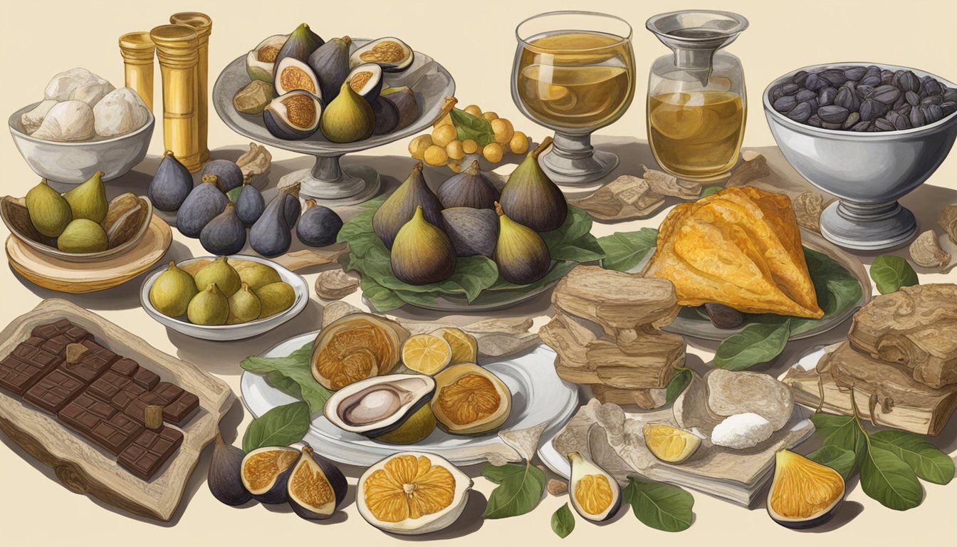 A table spread with figs, oysters, chocolate, and other foods, surrounded by ancient artifacts and texts on aphrodisiacs