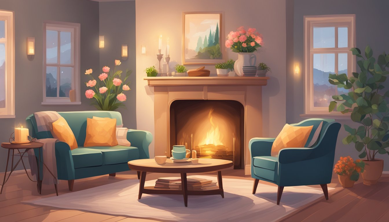 A cozy living room with soft lighting, a crackling fire, and a table set for two with a vase of fresh flowers