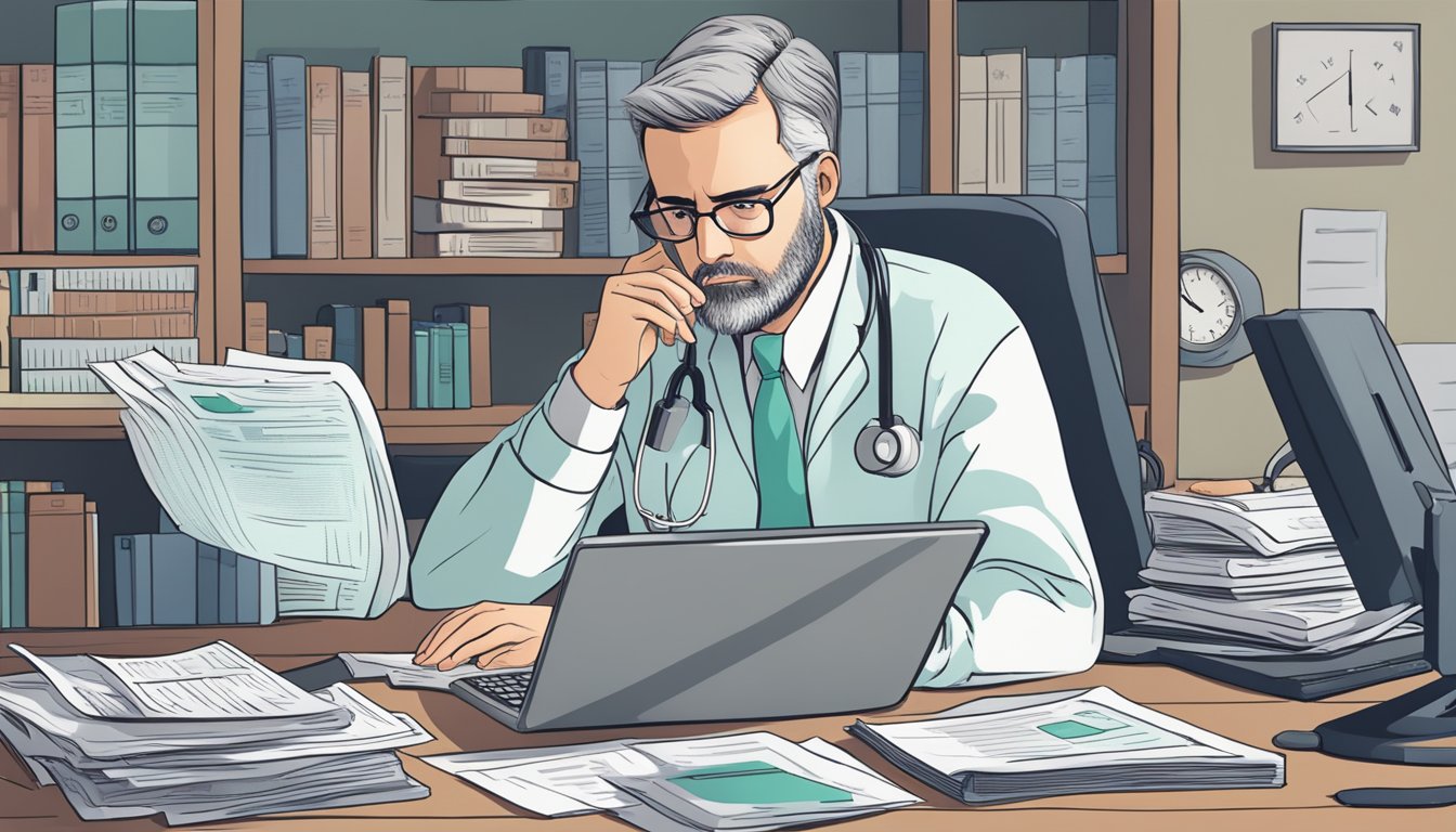 A person researching critical illness insurance, surrounded by medical documents and a computer, with a concerned expression