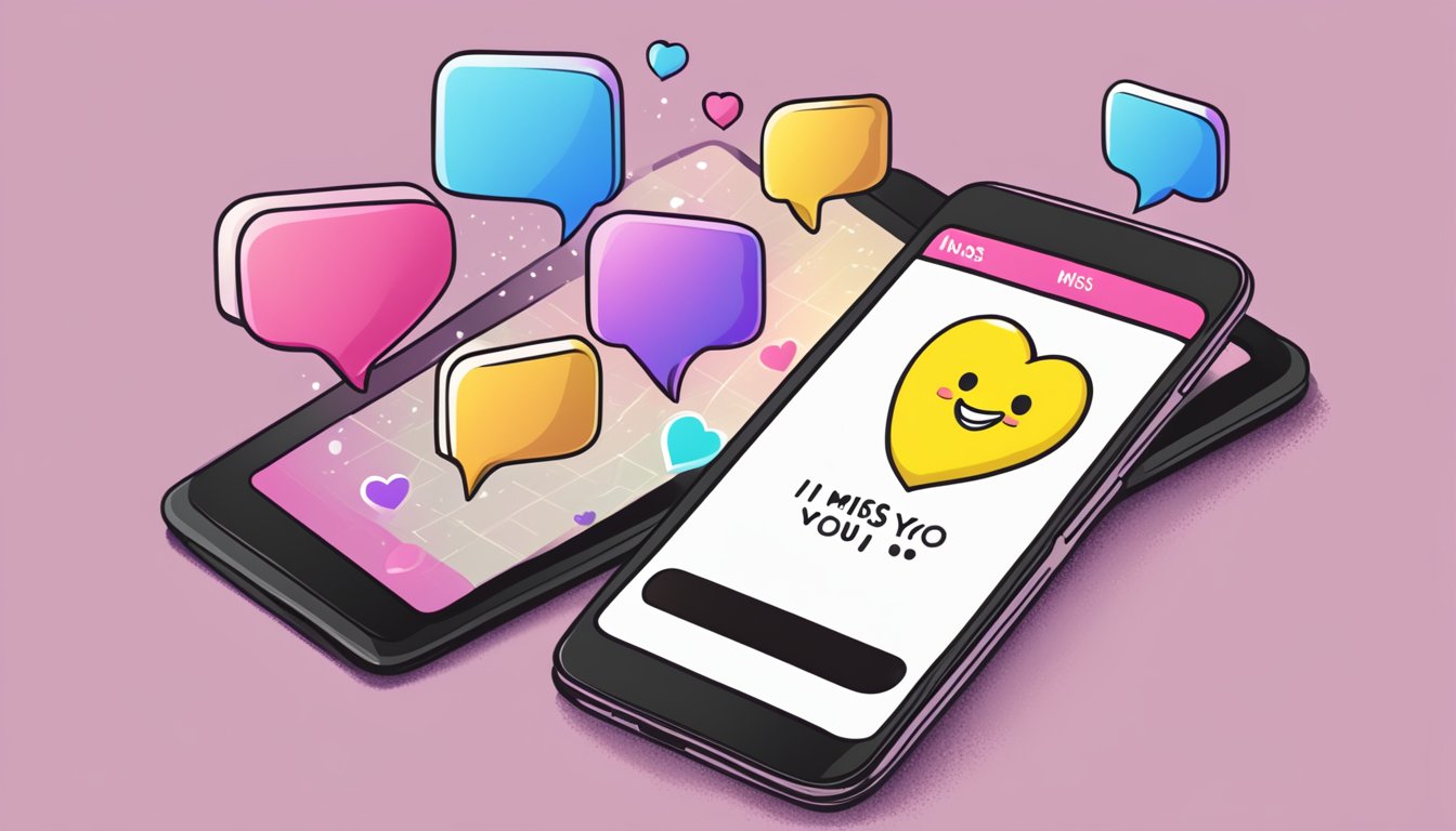 A smartphone with a Snapchat app open, showing a conversation with a heart emoji and a message saying "I miss you."