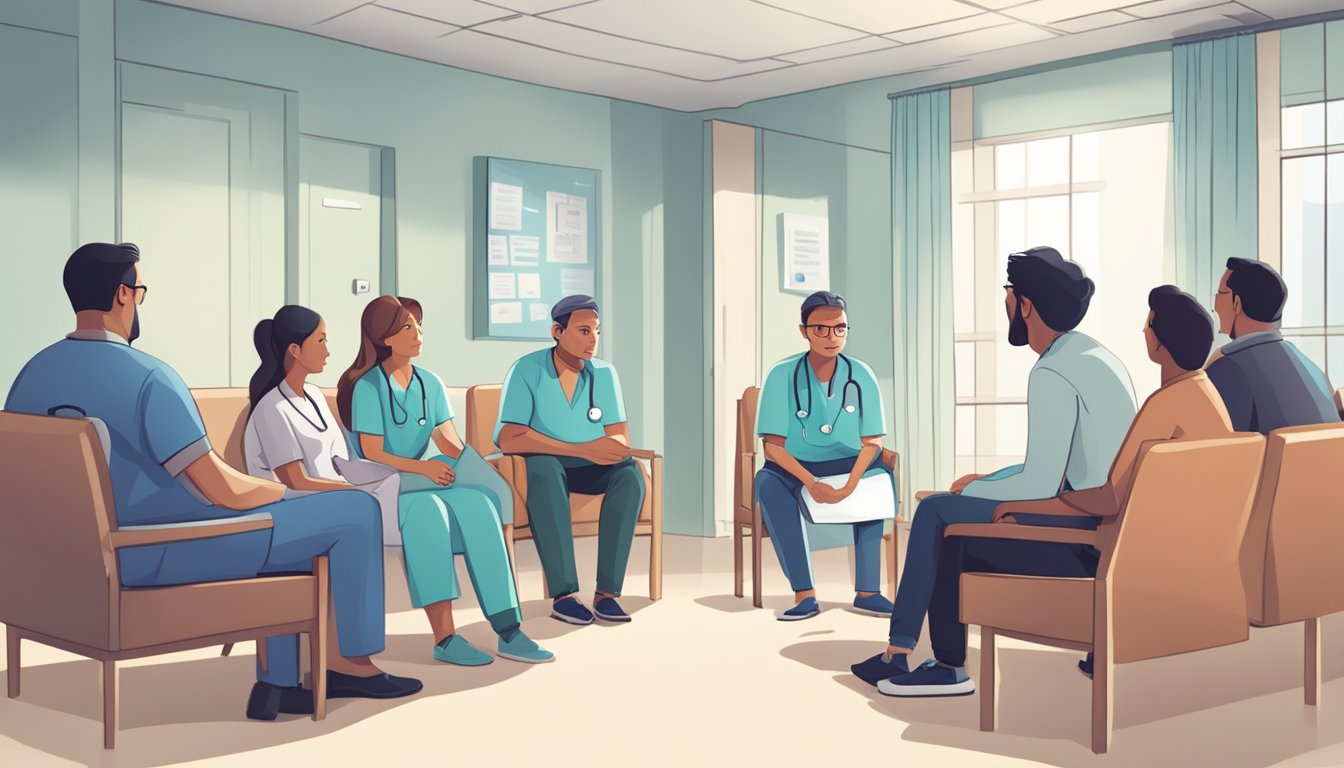 A doctor discussing critical illness insurance with a worried family in a hospital waiting room