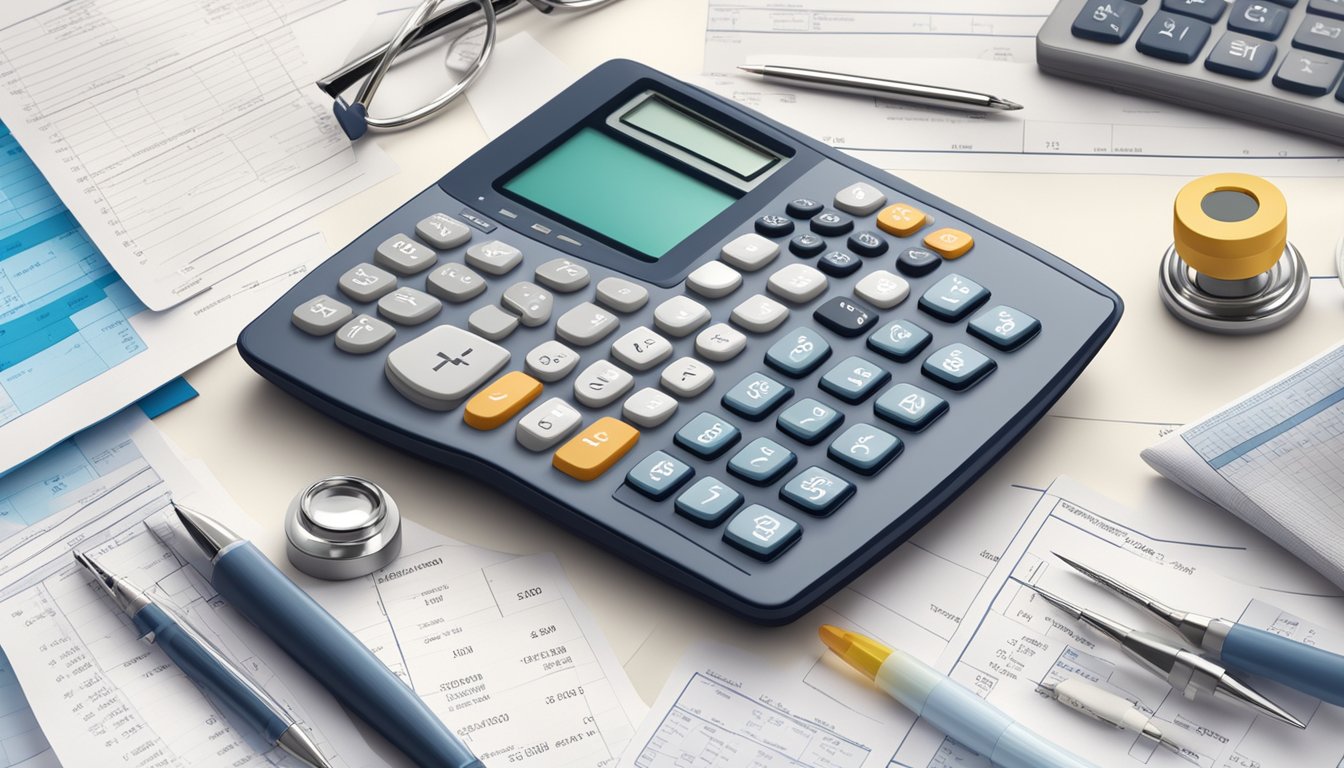 A calculator surrounded by medical equipment and financial documents