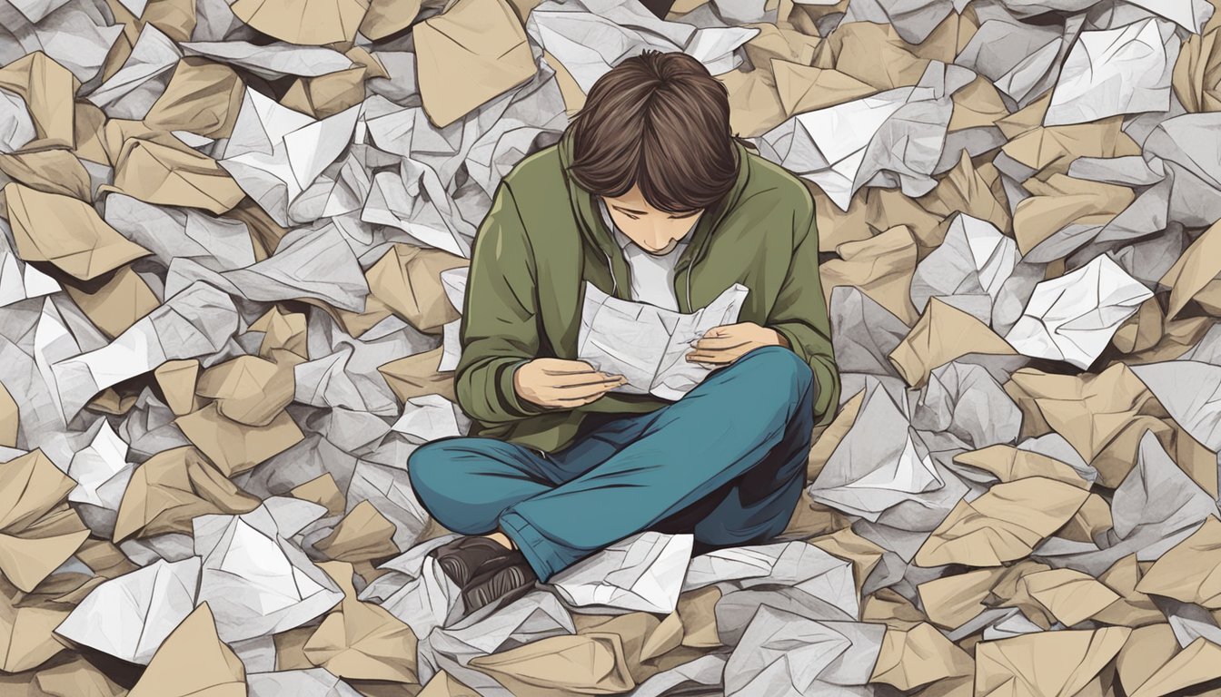 A person sitting alone, surrounded by crumpled paper with "I miss you" and "please come back" written on them