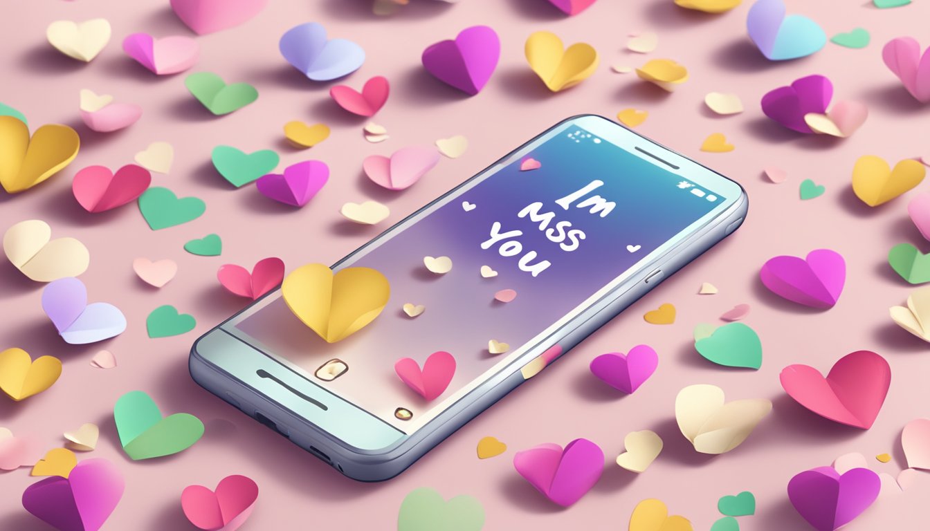 A smartphone with a heart emoji popping up on the screen, surrounded by scattered flower petals and a handwritten note with "I miss you" written on it