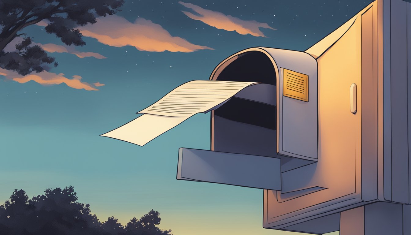 A hand reaching out to deliver a letter through a mailbox slot at dusk