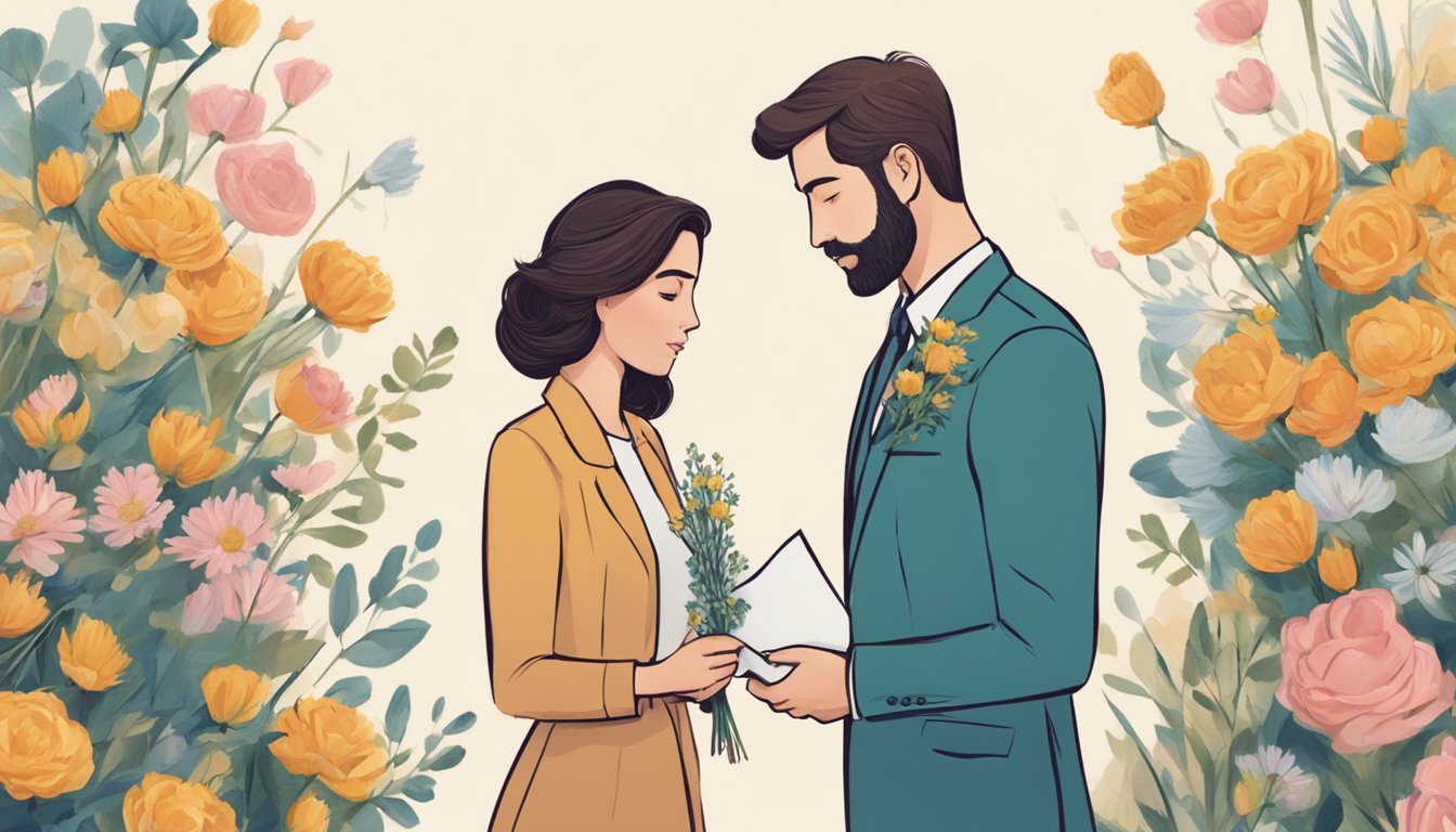 A man and woman standing apart, looking at each other with longing expressions. The man holds a bouquet of flowers, while the woman holds a handwritten letter