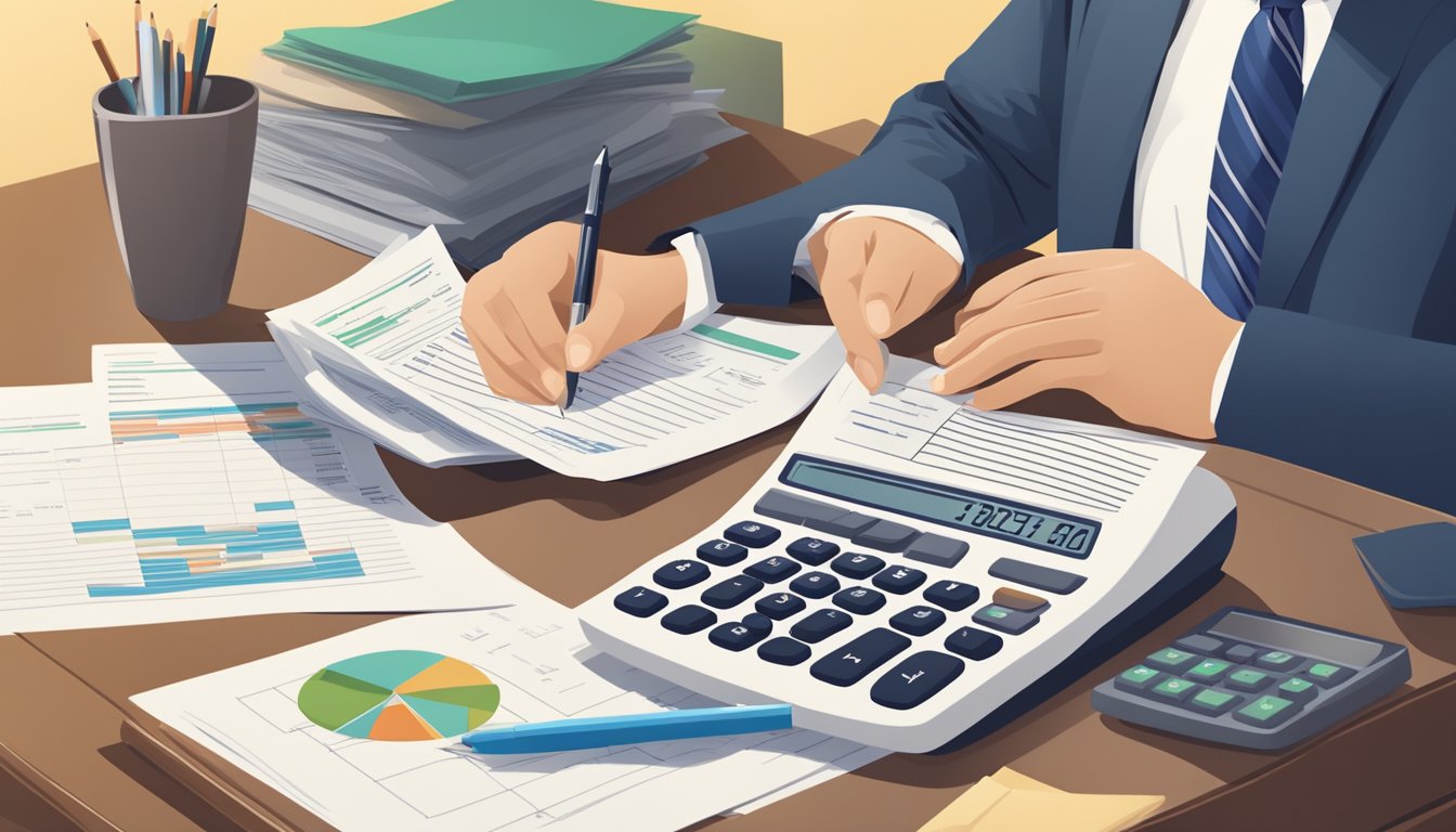 A person reviewing financial documents with a stack of papers and a calculator on the desk