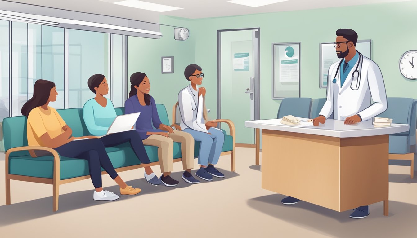 A doctor explaining critical illness insurance to a concerned family in a hospital waiting room