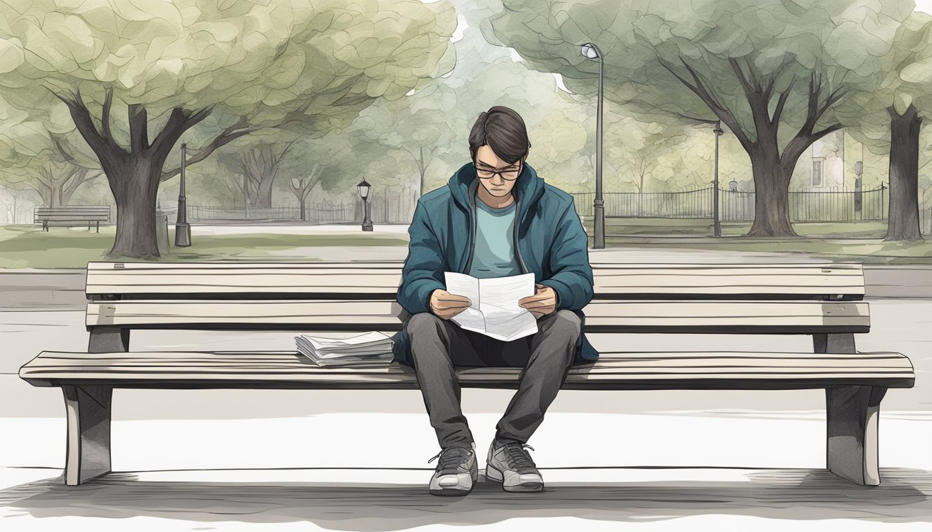 A person sitting alone on a park bench, holding a crumpled note with a contemplative expression