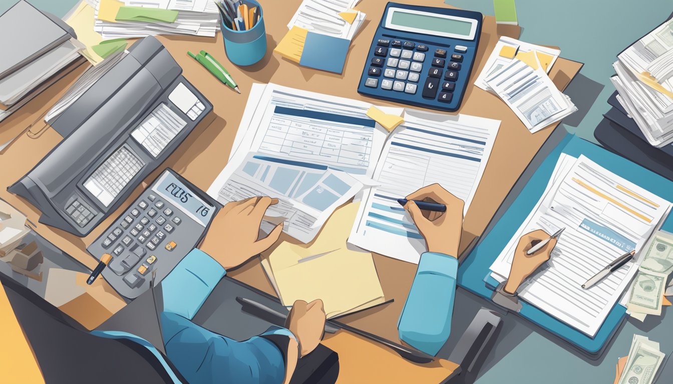 A person reviewing paperwork at a desk with a calculator, pen, and insurance documents spread out in front of them