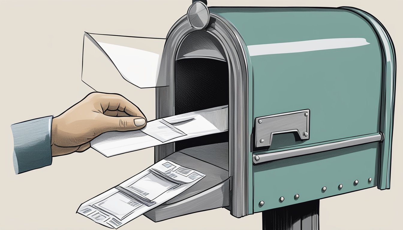 A person's hand placing a sealed envelope into a mailbox