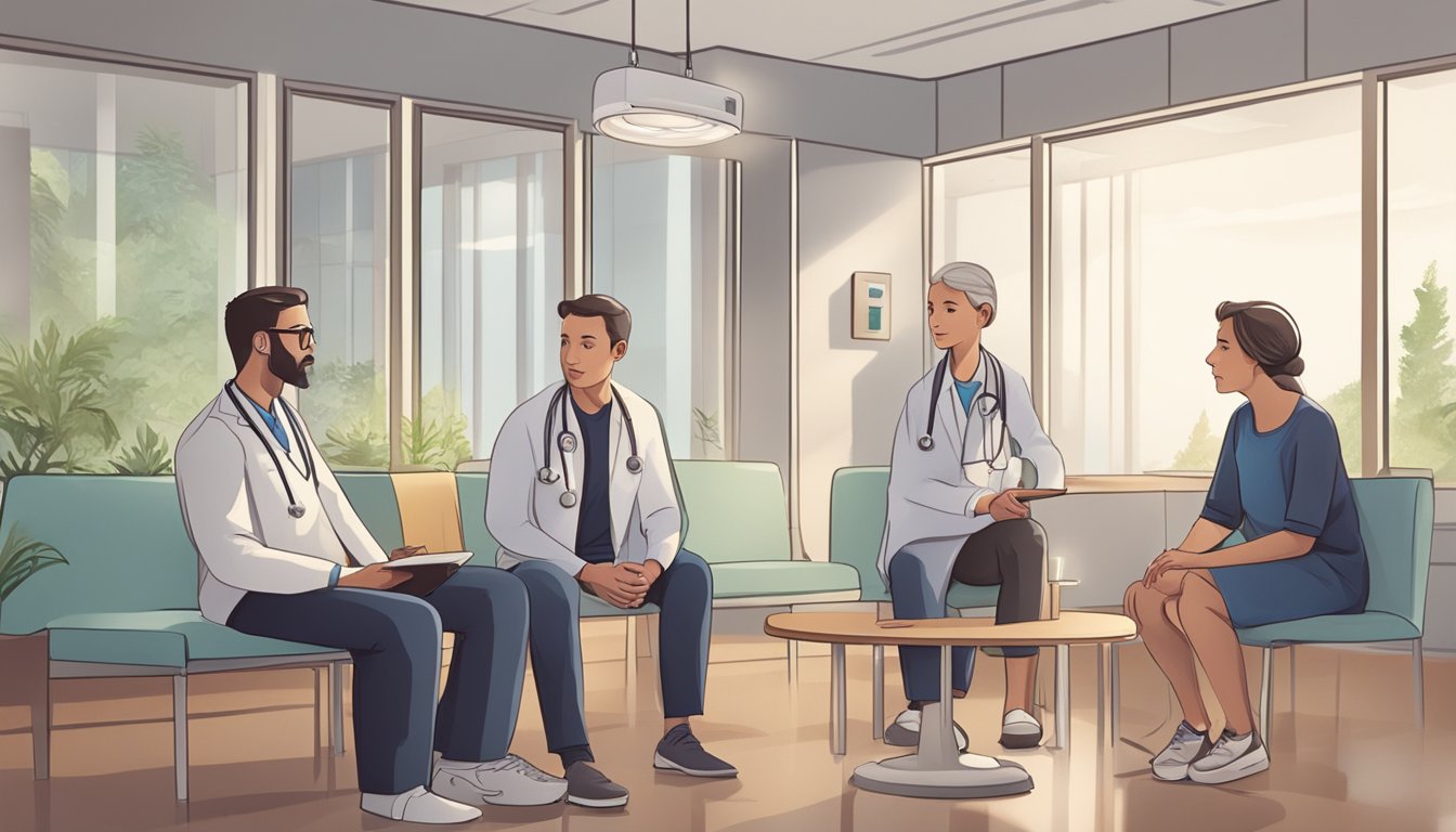 A doctor explaining critical illness insurance to a patient's concerned family in a hospital waiting room