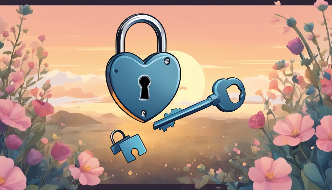 A broken heart-shaped lock and key, with the lock open and the key nearby, surrounded by wilted flowers and a fading sunset