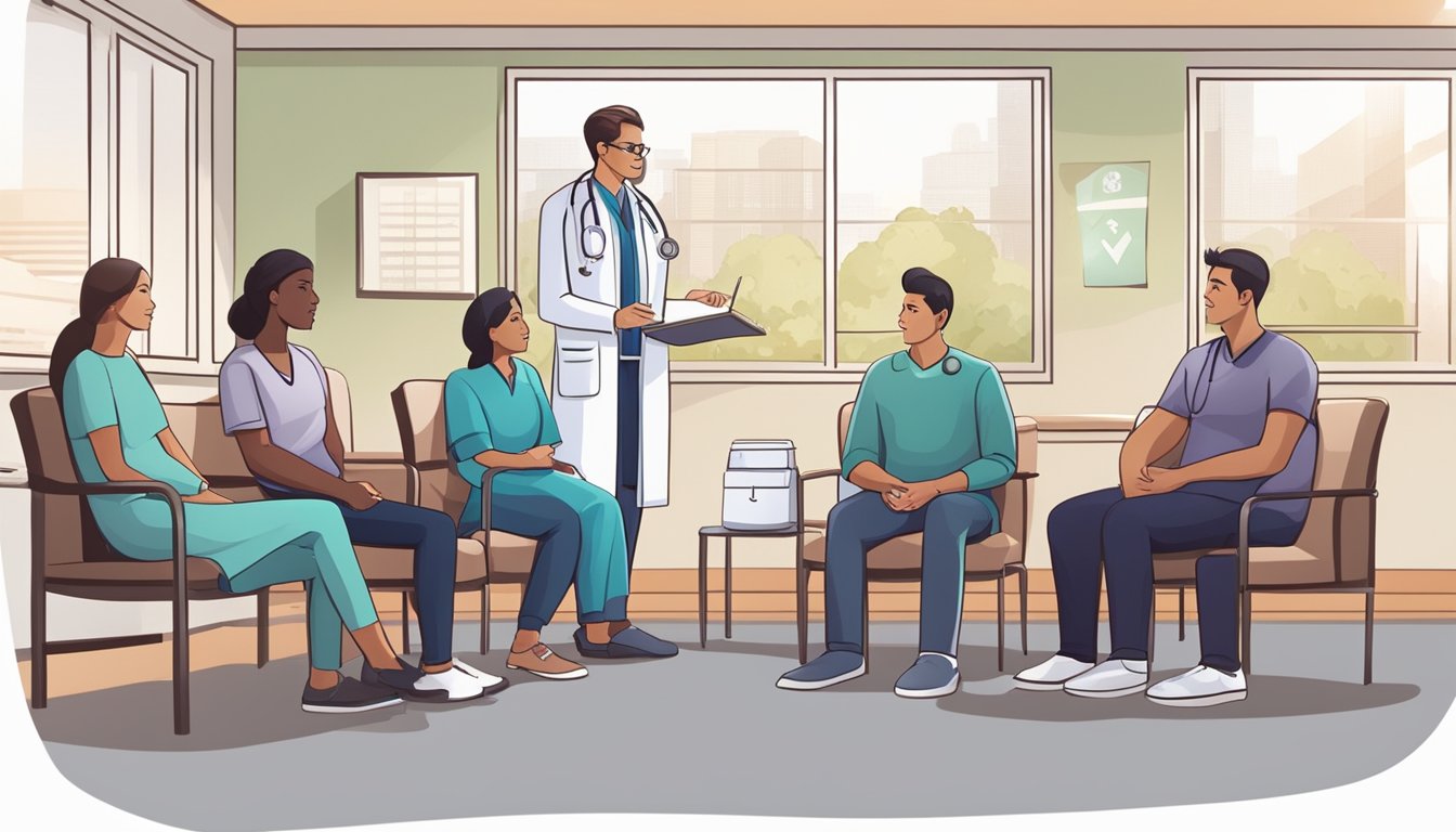 A doctor explaining critical illness insurance to a patient's family in a hospital waiting room