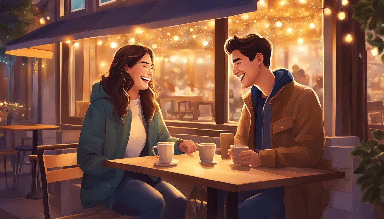 A couple laughing together at a cozy cafe, surrounded by twinkling lights and a warm, romantic atmosphere