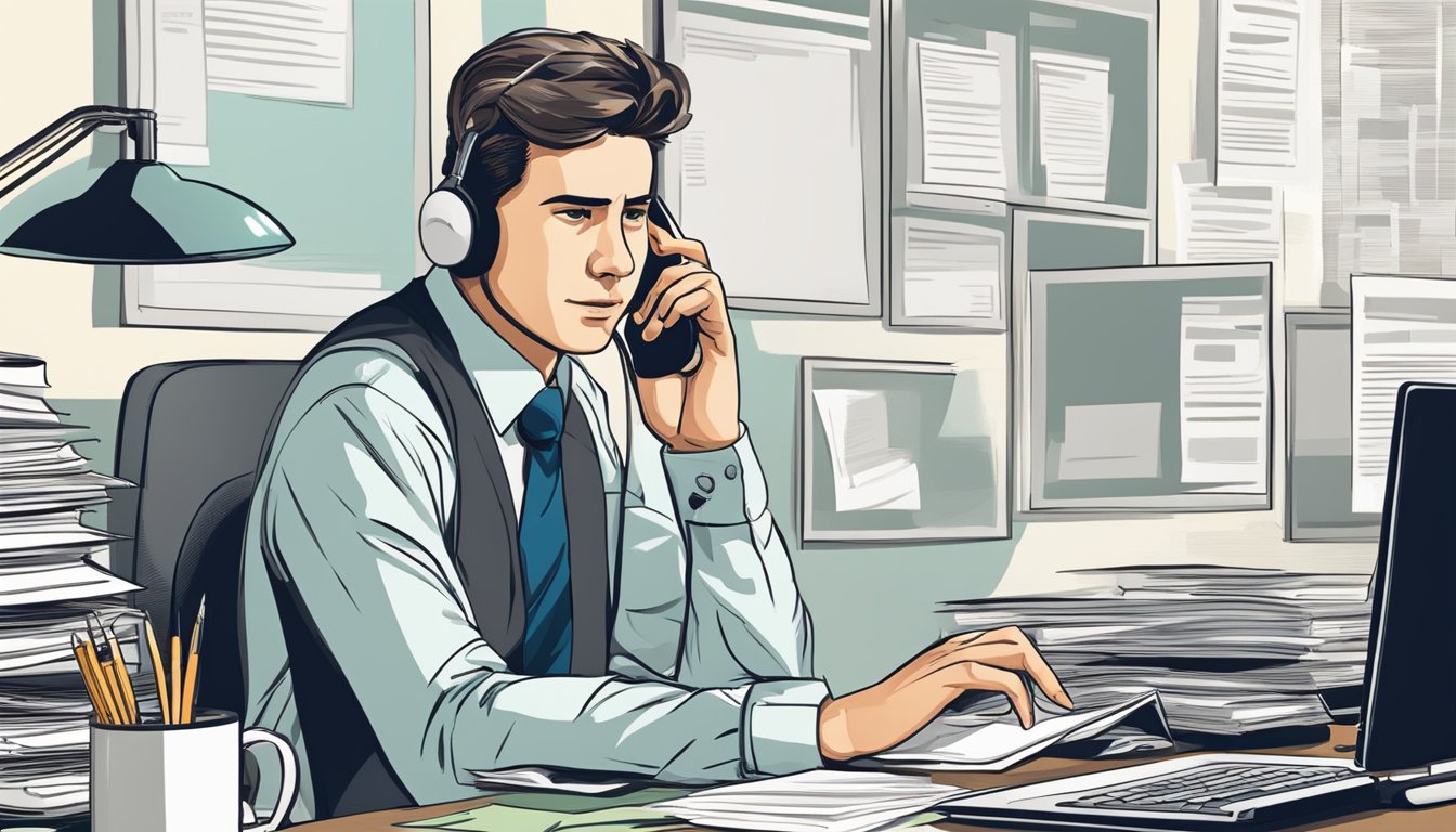 A person sitting at a desk, surrounded by paperwork and a computer, while talking on the phone with a concerned expression