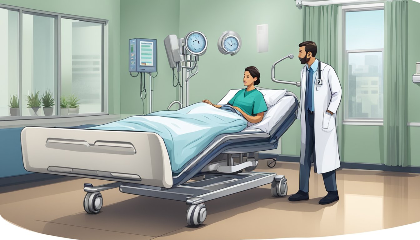 A hospital bed with medical equipment and a concerned family member speaking with a financial advisor