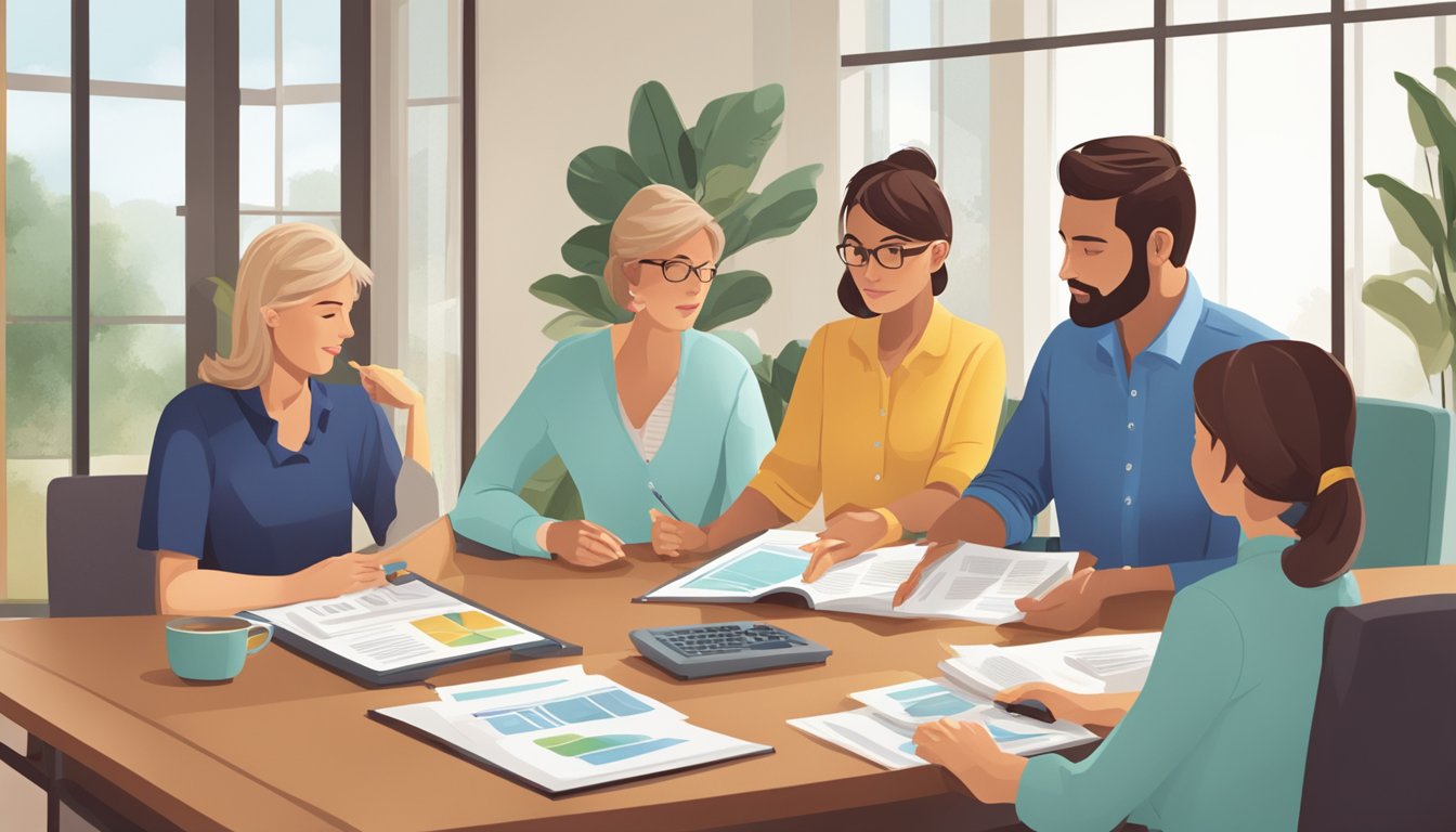 A family gathered around a table, listening to an insurance agent explain critical illness coverage. The agent points to a brochure while the family looks attentive