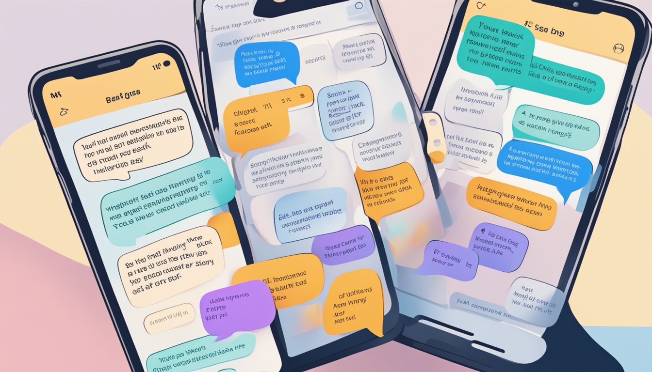 A person's phone with a series of text messages displayed, showing a conversation between two people discussing the possibility of getting back together after a breakup