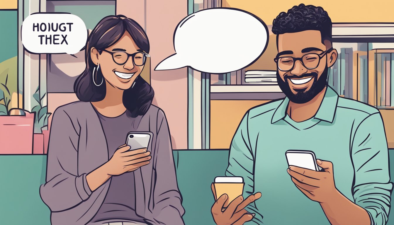 A person holding a smartphone, smiling while receiving a text from their ex. A thought bubble shows them meeting in person