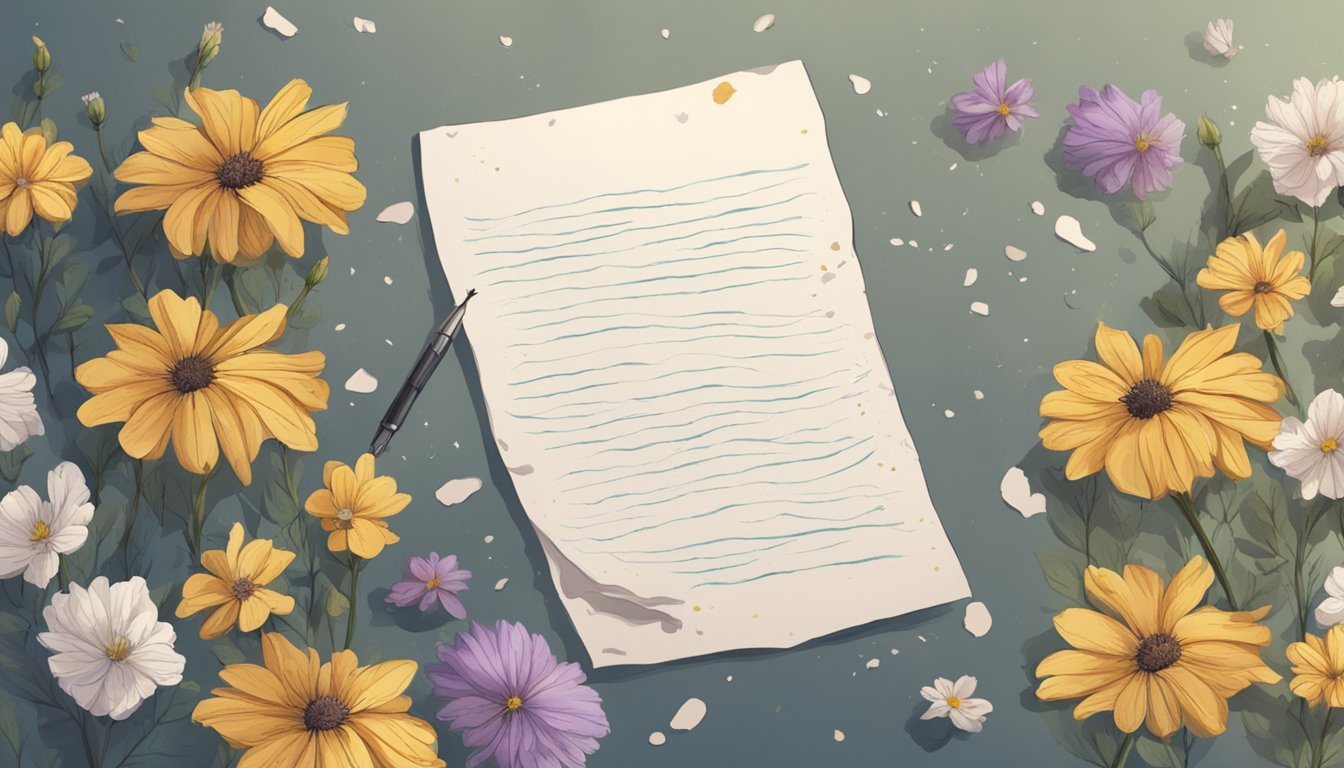 A handwritten note placed on a table, surrounded by wilted flowers and tear stains