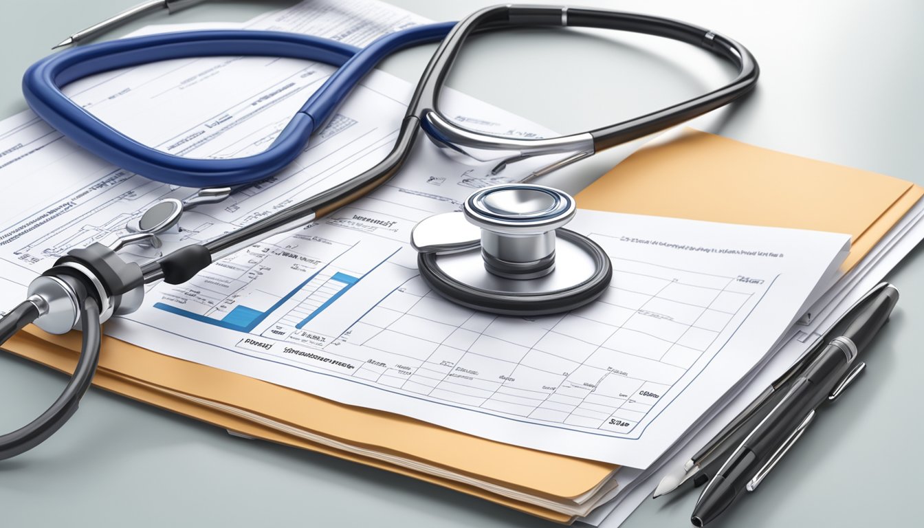 A stethoscope and a medical chart on a desk, with a pen and insurance documents spread out