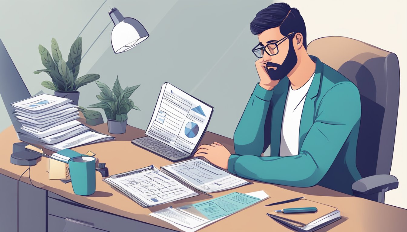 A person sitting at a desk, surrounded by medical documents and a laptop, pondering the concept of critical illness insurance