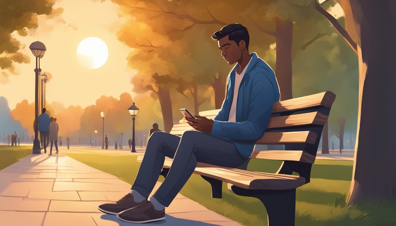 A man sits alone on a park bench, staring at his phone with a determined expression. The setting sun casts a warm glow on the scene