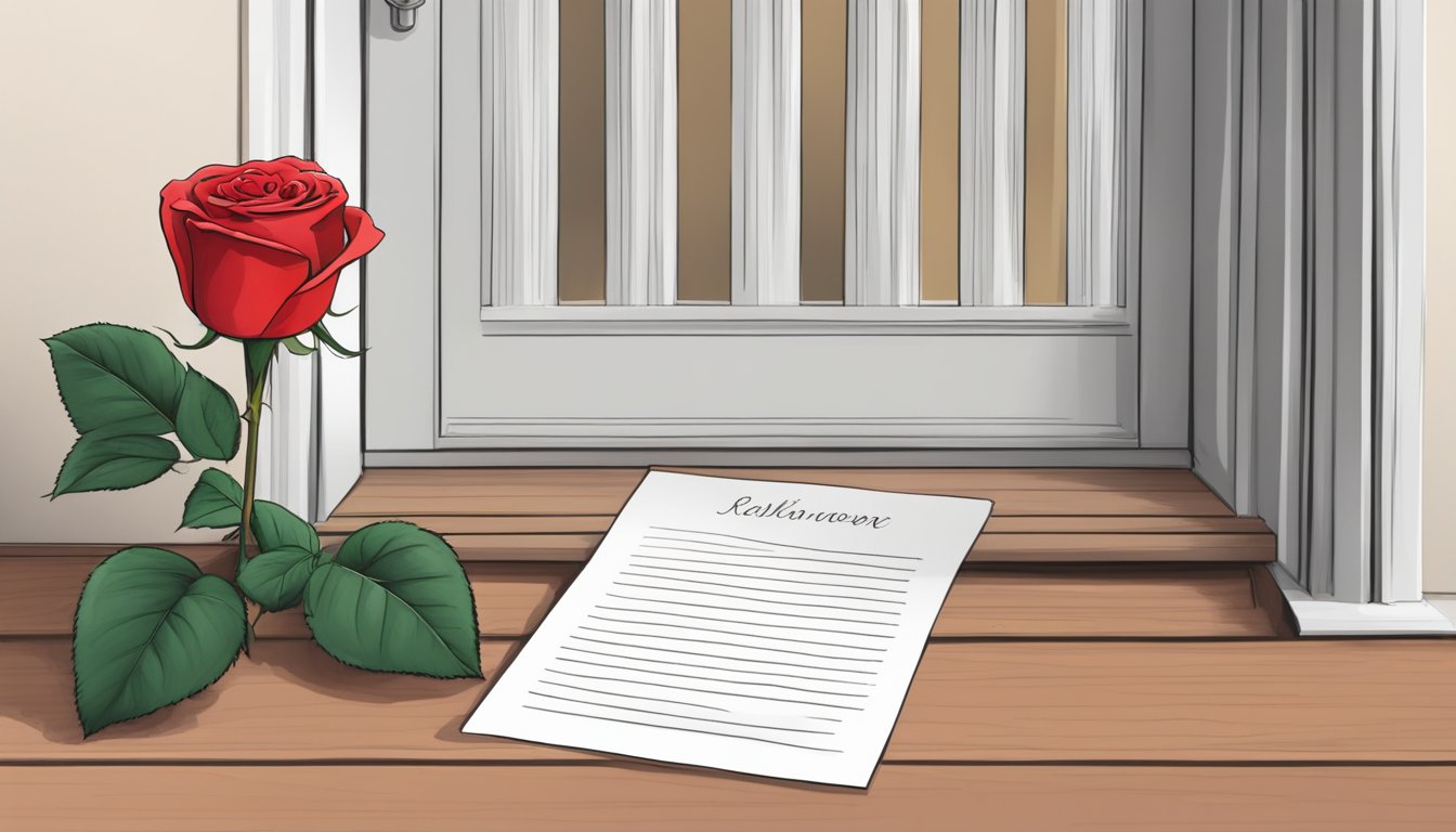 A handwritten note placed on a doorstep with a single red rose