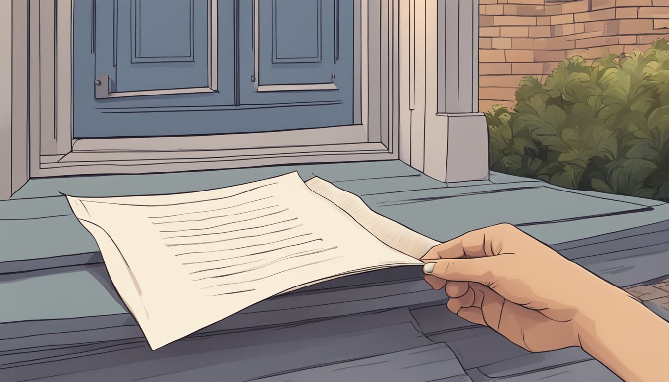 A hand leaving a handwritten note on a doorstep at dusk