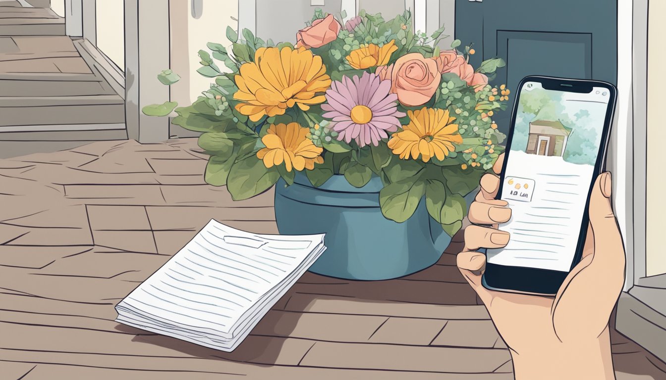 A man's hand holding a bouquet of flowers, placed on a doorstep with a handwritten note. A phone with missed calls and texts lays nearby