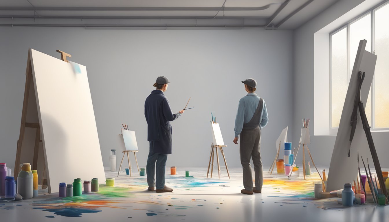 A figure standing alone, gazing at a blank canvas, surrounded by scattered paintbrushes and tubes of paint