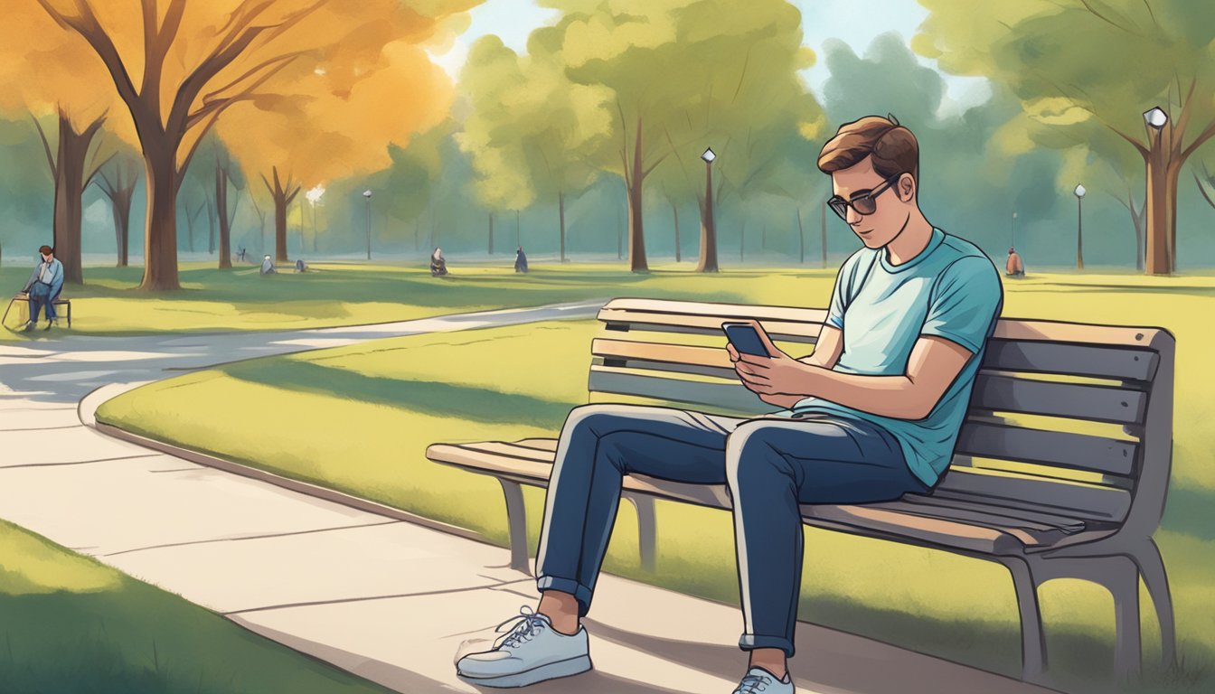 A person sitting alone on a park bench, staring at their phone with a hopeful expression