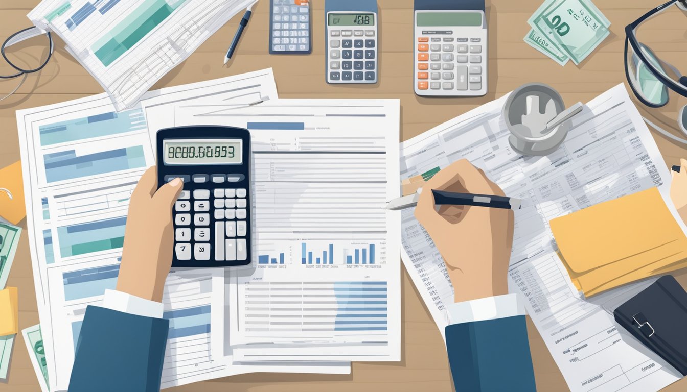 A person reviewing medical bills and financial documents, with a calculator and paperwork spread out on a desk