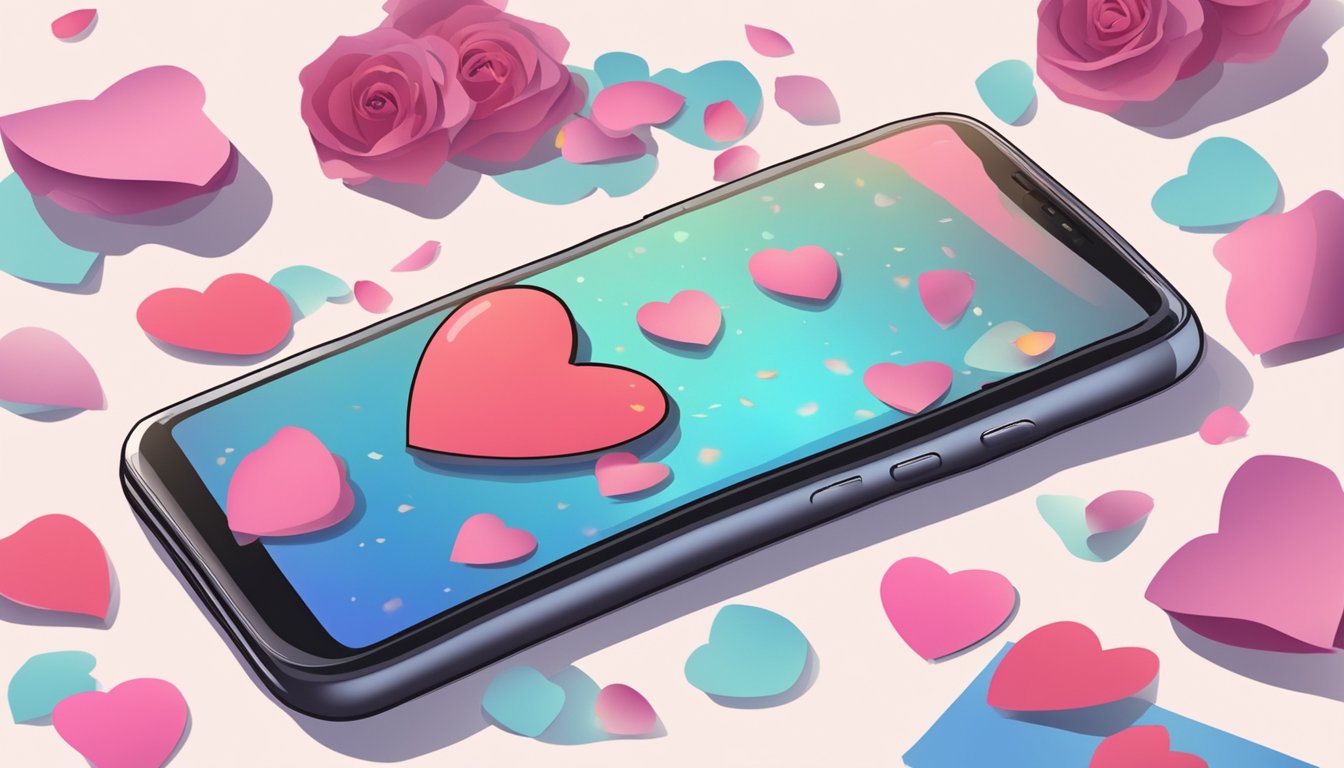 A phone with a heart-shaped sticker on the back, surrounded by scattered rose petals and a handwritten note