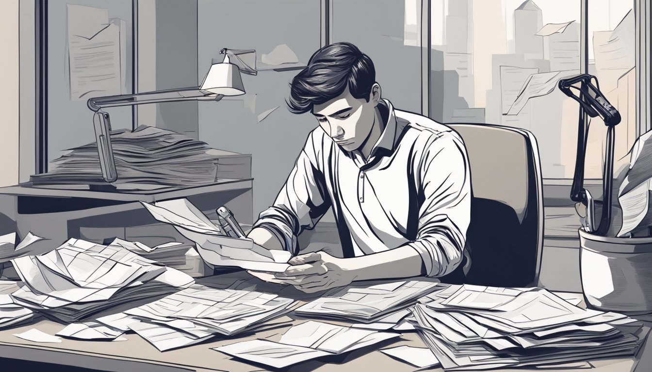 A person sitting alone at a desk, surrounded by crumpled papers and a phone, with a pensive expression as they try to compose a heartfelt message